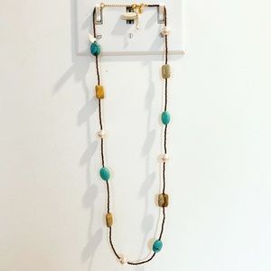 Long boho metallic & turquoise stone necklace